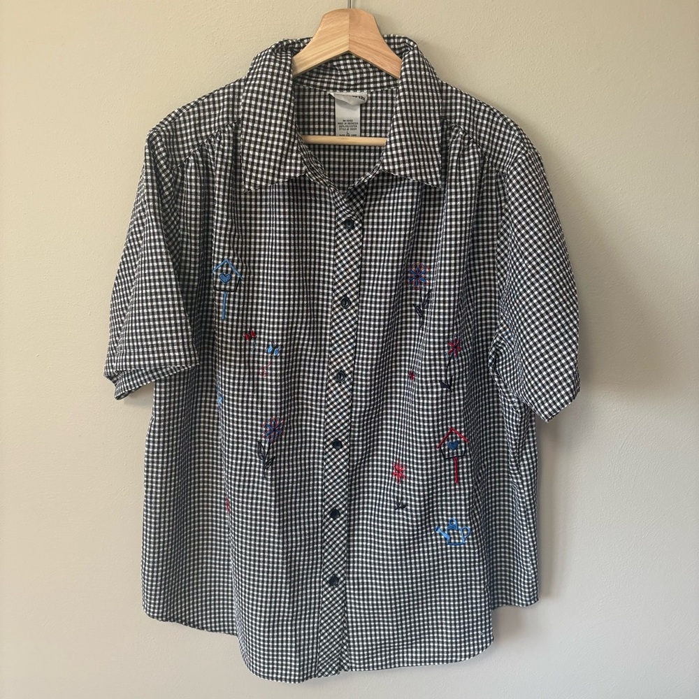 Bonworth Gingham Birdhouse Flower Embroidery Blouse L
